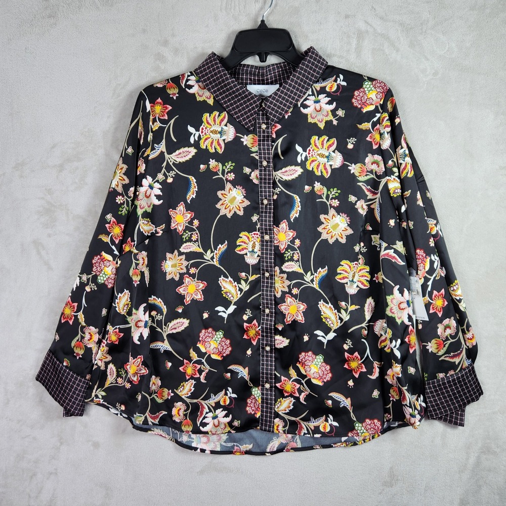 CeCe Floral Button Down Shirt Womens 2X Black Floral Pearl Button Blouse‎ Career